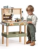 ROBUD Holz Werkbank Kinder, Spielzeug Werkzeugbank mit Werkzeuggürtel, Kinder Werkzeug Set, Schutzbrille, Zeichenpapier für Rollenspiel Konstruktion, Jungen Mädchen Spielzeug ab 3-5-6-8 Jahre Geschenk