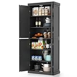 KOMFOTTEU Hochschrank Buffetschrank mit Doppeltür, Küchenschrank Vorratsschrank Holz, Aufbewahrungsschrank mit 6 verstellbaren Einlegeböde für Wohnzimmer Esszimmer, 76x40x184,5cm Kippschutz (Schwarz)