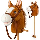 CELMAN Hobby Horse - Steckenpferd Braun A4 mit Zaumzeug und Sound - Geräuscheffekt durch Ohrdruck - Holzstab mit Rädern - Spielzeug Pferd für Kinder - Reiten & Rollenspiel