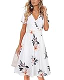 VOTEPRETTY Sommerkleid Damen Knielang Kleid Sommer V Ausschnitt Wickelkleid Kurzarm Midikleid mit Taschen