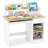 COSTWAY Kinderschreibtisch aus Holz, Schülerschreibtisch mit Ablage, Tastaturablage & Schublade, Kinder Schreibtisch Jugendschreibtisch 100kg belastbar, 90 x 45 x 90 cm (Natur)