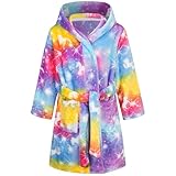 Baogaier Bademantel Mädchen Fleece mit Kapuze, Kinder Flanell Weich Flauschig Morgenmantel Kuschelig Lang Roben Weich Dressing Gown Warm Pyjama, Gr.116-122 Farbig Einhorn Tiere