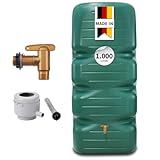 GARANTIA CUBUS Regentonne Komplett-Set 1000L Dunkelgrün – Gartentank mit Auslaufhahn + Fallrohranschluss – Dekorativer Wandtank/Wassertank für Garten – Frostsicherer Regenwassertank/Regenwassertonne