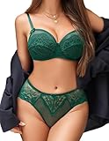 Avidlove Damen Dessous Set Sexy Spitze Unterwäsche mit Bügel-BH V-Ausschnitt Reizwäsche Set Lingerie 12-Pieces Babydoll Negligee Push Up BH Mit Höschen，GrünXXL