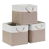 Mangata Aufbewahrungsbox 28x28x28 cm, Aufbewahrungskorb mit Griff, Aufbewahrung Korb Stoff für Regal, Schrank, und Kleidung (Faltbare, Helles Khaki Weiß, 3er Set)