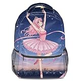 Starry Night Ballett-Anime-Rucksack, elegantes rosafarbenes Mädchen-Thema, traumhafte Wasserreflexion, für Teenager, Kinder, Alltag, Freizeit, Reisen, Farbe3, L