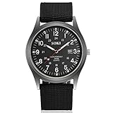 Ziyan Herren Uhr Military Army Leinwand Kalender Analog Quarz Sport Armbanduhr Quarzwerk mit Nylon Armband Luminous Datumanzeiger (Schwarz)