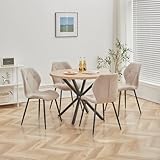 DEYARNA HOME Essgruppe Set Tisch und Stühle, 100cm Runder Esstisch und 4 Leinen-Esszimmerstühle, 4 Stühle & Tisch für Küche, Esszimmer und Wohnzimmer (Khaki-LX, 100 * 100 * 76.5cm (Helle Holzfarbe))
