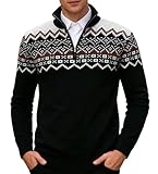 Rave on Friday Pullover Herren Norweger Strickpullover 1/4 Zip Slim Fit Warme Stehkragenpullover Herren Troyer Pulli Schwarz XL