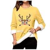 Winter Pullover für Damen, Sweatshirt Damen, Weihnachtspullover Ugly Lustig Fleecepulli Warme Gepolstertes Longpullover Dickes Teddyfell Langarmshirts Bequemer Loose Sherpa Bedruckter Mode