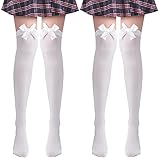 Amaxiu 2 Paar Süße Schleifenstrümpfe, Kawaii Overknee-Socken Satin-Oberschenkelstrümpfe lange Strümpfe für Mädchen und Frauen Partygeschenke (Standard, weiß)