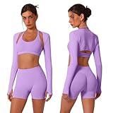 ABOCIW 3-teiliges Workout-Set für Damen, nahtlos, Neckholder, Sport-BH, hohe Taille, Biker-Shorts, langärmelig, Bolero mit Daumenloch, Violett, Medium