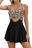 SHEKINI Damen EIN Stück Badekleid Ausschnitt Crossover V-Ausschnitt Wrap Rock Tummy Control Tie Back Swimsuit(L,Schwarzer Leoparden-Print)