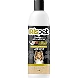 RISPET Shampoo und Spülung, Kokosnuss und Keratin, Reinigungs- und Desinfektionsmittel für Hunde und langhaarige Tiere, Zarte Formel ohne Allergene und ausgeglichener pH-Wert, Kokosnussduft, 370 ml