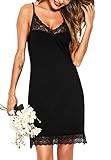 Vlazom Nachthemd Damen Spitze Unterkleid Sexy Negligee mit überkreuztem Schultergürtel knielanges Unterkleid(M,Schwarz