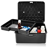 harupink Medikamentenbox Abschließbar Groß Abschliessbare Box Mit Zahlenschloss Abschließbare Aufbewahrungsbox mit Tragbarer Griff und Herausnehmbarem Fach für Medikamente Handy Snacks(Schwarz)