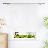 Heichkell Raffrollo mit Tunnelzug Unifarbige Gardine Halbtransparente Raffgardine Landhausstil Rollo Weiß BxH 80x140 cm