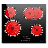 Glaskeramikkochfeld 4 Platten 6600W, Kochfeld 4 mit Doppelring, Herdplatte 4 Kochfelder mit Ovaler Grillfläche, 9 Leistungsstufen, Pausenfunktion, Timer, Anti-Touch-Funktion, Disaenvir