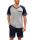 Irdcomps Schlafanzug Herren Pyjama Kurz Shorty Sommer Baumwolle Nachtwäsche Set Kurzarm Männer Schlafanzüge Navyblau 4XL
