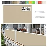 Stootrel Balkon Sichtschutz, 80 X 550CM Blickdichte Balkonumspannungen Balkonabdeckung Wind&UV Schutz Wasserdicht Balkonumrandung mit Ösen und Kordel Sichtschutz Balkon, Sandfarbe