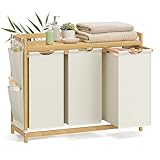 SONGMICS Wäschekorb 3 Fächer, Bambus, Wäschesammler 150 L, Wäschesortierer, mit Ablage, Wäschesack, kleine seitliche Taschen, Wäscheregal, 3 x 50 L, 94 x 33 x 78 cm, cremeweiß RLH115W01