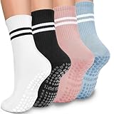 EUDUQ Stoppersocken Damen 35-40, 4 Paar Antirutschsocken mit Noppen für Yoga, Pilates, Barre, Trampolin und Sportsocken (Schwarz/Weiß/Hellblau/Rosa)
