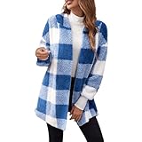 Karierte Fleecejacke für Damen, Flanell-Revers, Sherpa-Shacket, Outwear, Herbst, Winter, Hoodies, Teddy-Mantel mit Taschen, blau, 3XL