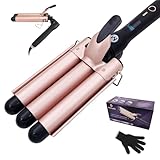 Mistcado 3 Fässer Welleneisen, 25mm Keramik Turmalin Haar Lockenstab Waver Wand mit LCD-Temperaturanzeige, Schnelle Heizung Faltbar Crimpers für Reisen
