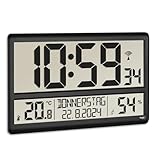 TFA Dostmann XL Wanduhr digital, 60.4520.01, mit Temperatur und Luftfeuchtigkeit, Wochentag (8 Sprachen), Funkuhr, gut ablesbar, groß, schwarz