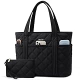 LOVEVOOK Shopper Tasche Handtasche Damen Mittelgroß, Leicht Puffer Tote Bag Arbeitstasche mit Reißverschluss, 15,6 Zoll Laptoptasche Lehrertasche Handbags Women für Uni Büro Arbeit Reisen, Schwarz