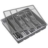 Lifewit Besteckkasten mit Deckel, Besteckaufbewahrung für Küchenschublade und Arbeitsplatte, Besteckkasten für Schubladen aus Kunststoff für Löffel, Gabeln, Messer, Einsatz, 6 Fächer, Grau