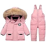 LSHDCER Skianzug für Jungen und Mädchen, 2-teilig, Daunenjacke mit Kapuze und Pelzkragen + Daunenhose, Bekleidungsset, Winter, Kinder, Rosa, 6-12 Monate