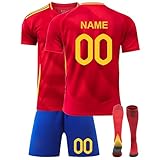 Kinder Fußballtrikot Set Saison 2024/2025 – Personalisierbares Trikot mit Nummer und Namen – Komplettes Heim-/Auswärts-Set + Shorts und Stutzen Spanien-Trikot