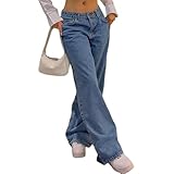 DSXH Gerade Bein Hosen Denim Hosen Vintage Lose Blau Gewaschen Mom Jeans Low Rise Jeans Frauen lose Jeans (Blau, M)