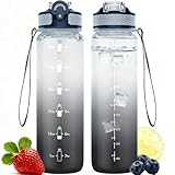 NAVTUE Trinkflasche, 1L Sport-Wasserflasche mit Strohhalm, Zeitmarkierungen, auslaufsicher, BPA-freiTritan, Wasserflasche für Schule Radfahren Laufen (1 Flasche)