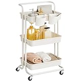 SONGMICS Rollwagen, 3 Ebenen, Servierwagen, Küchenwagen mit Griff, 2 kleine Einhängefächer, 2 Bremsen, Ablagefächer aus Kunststoff, einfacher Aufbau, Schlafzimmer, weiß BSC067W01
