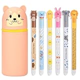 Gelstifte Radierbar Set Mit Tierkopf – 6 Stifte Radierbar + 2-in-1 Silikon Federmäppchen Mädchen – Gelschreiber Radierbar 0.5mm Schwarz, Stiftetasche Für Schule Uni Büro, Löschbare Stifte Kinder