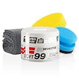 detailmate Soft99 Auto Politur Set für helle Lacke - White Soft Wax Auto Hartwachs, für weiße/helle Autolacke 300 g + Handpolierschwamm Applikator + Mikrofaser Poliertuch 550GSM 40x40cm