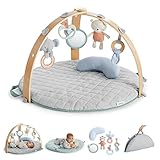 Ingenuity, Cozy Spot Loamy Spielmatte mit Spielbogen aus Holz, Spieldecke mit abnehmbaren Spielzeugen, Wendedecken, Stützkissen, extra Weich, Maschinenwaschbar, Neutral design, ab der Geburt