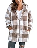 ABINGOO Damen Teddy Fleece Mantel Kariert Warm Winterjacke Kapuzenjacke Flauschig Plüschjacke Reißverschluss Sweatshirt mit Kapuze und Taschen(Beige,XXL)