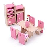 POFET Kinder Holz Esszimmer Puppenhaus Miniaturmöbel Esstisch Stühle Schrank Spielzeug Set Puppe Familie Rollenspiel Zubehör