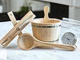 Saunaloft Premium Sauna-Zubehör Set aus Pinienholz, 4-teilig mit Holzeimer 3L, Saunakelle 36cm, Sanduhr 15 Min, Thermo-Hygrometer