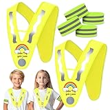 Ycaaeo 2 Stück Reflektoren Warnweste Kinder und 4 Reflektorband,V-Form Kinderwarnweste mit Cartoon Deutsch Regenbogen Muster,Leichte Leuchtweste Sicherheitsweste für Jungen Mädchen Nächtliche Outdoor