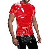 Mymyguoe Herren Erotisch Leder Weste Kurzarm T-Shirt Wetlook Unterwäsche Kleidung PU Bühne Leistung Latex ähnliches Herren Shirt schwarz Leder Optik Männer Poloshirt Reizwäsche Clubwear