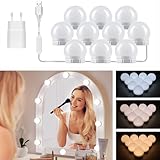 Akynite Spiegelleuchte Hollywood 10 LED Birnes mit Adapter, 3 Farbwechsel & 10 Helligkeit, Spiegellampe USB mit Schalter und Kabel, Spiegel Beleuchtung Dimmbar für Schminktisch Kosmetikspiegel