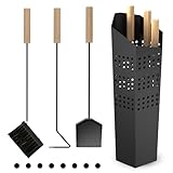 changshengda 4-teiliges Kaminbesteck Set - Modernes Ofenbesteck Set Schwarz mit Ständer, Ascheschaufel, Schürhaken und Kaminbesen, Kaminzubehör für Holzöfen