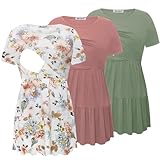 Bearsland Women’s Nursing Top 3pack Short Sleeve Scoop Neck Nursing Shirt Breastfeeding Shirts, Grayish Green & Rose Pink & Brown Flowers, L