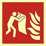 notlok Safety Work - Brandschutzzeichen - Löschdecke Schild [ 15 x 15cm ] | Nachleuchtende Kunststoffplatte + Aufkleber für einfache Montage | DIN EN ISO 7010 | Feuerlöschdecke Piktogramm, Brandschutz