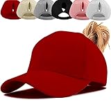 Damen Pferdeschwanz Kappe Baseball Cap Unisex Einstellbare Hohe Unordentliche Bun Ponycap Mit Zöpfen Loch Loop Unisex Herren (Rot)