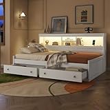 Merax Schlafsofa Tagesbett 90x200 mit Stauraum, Funktionsbett mit 2 Schubladen, USB-Ladebuchsen, Holzbett Bettrahmen mit Lattenrost (ohne Matratze), für Wohnzimmer/Schlafzimmer/Gästezimmer, Weiß
